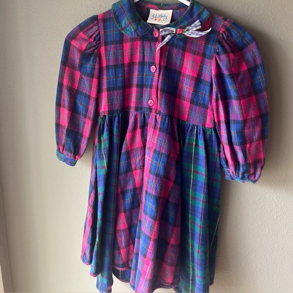VTG Flutterby GirlsSize 6 Plaid Flannel Puffy Sleeve Dress Handkerchief Asym Hem - Picture 2 of 11